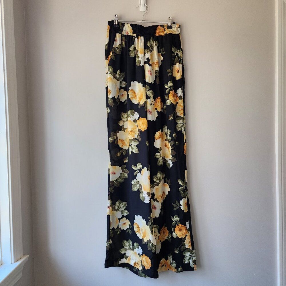 Socialite Wide Leg Floral Pants | Women's Med | Sheer Lined Elastic Waist Yellow